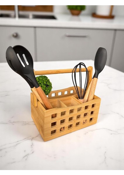 Bölmeli Saplı Bambu Çatal Bıçak Sepeti Organizer Çok Amaçlı Sepet 23X15 cm