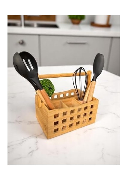 Bölmeli Saplı Bambu Çatal Bıçak Sepeti Organizer Çok Amaçlı Sepet 23X15 cm fiyatları