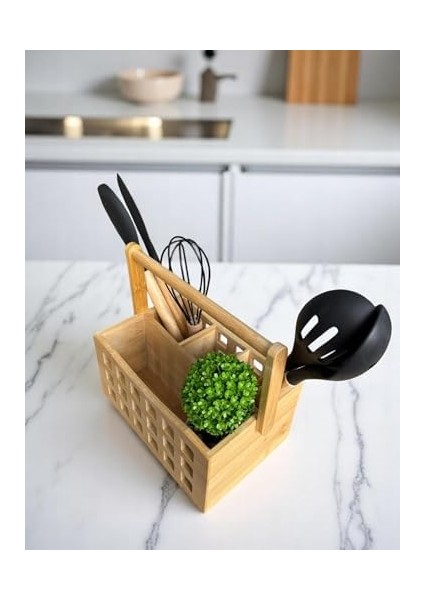 Bölmeli Saplı Bambu Çatal Bıçak Sepeti Organizer Çok Amaçlı Sepet 23X15 cm modelleri