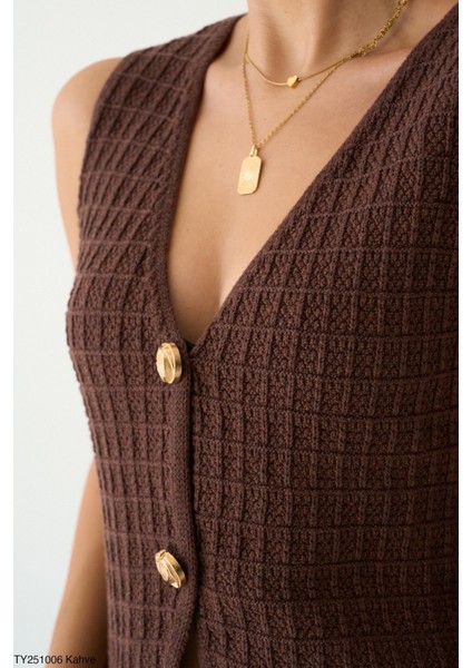 Kadın Kare Desen Düğmeli Triko Yelek fiyatları