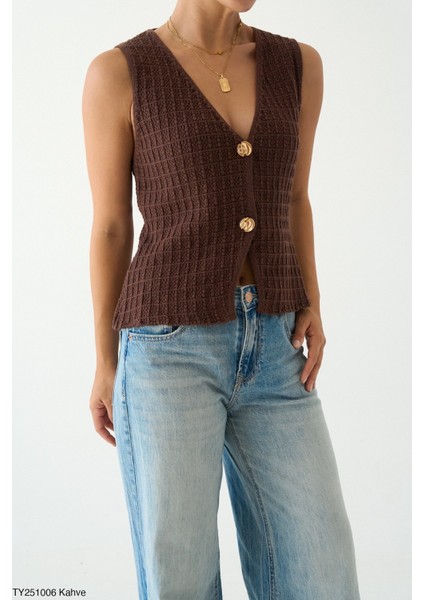 Kadın Kare Desen Düğmeli Triko Yelek modelleri