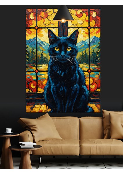Sarı Gün Batımı Işığında Siyah Kedi Dekoratif Kanvas - Mdf Ahşap Tablo