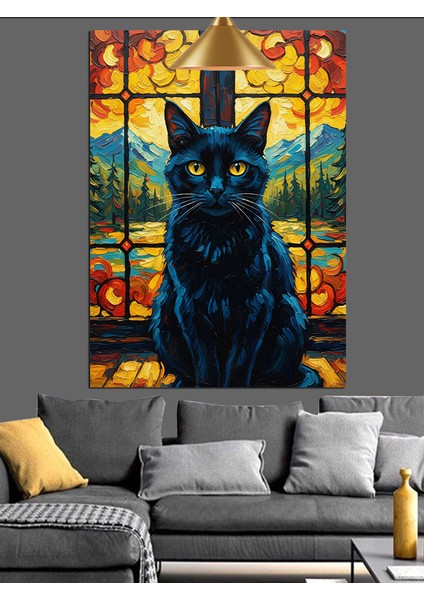 Sarı Gün Batımı Işığında Siyah Kedi Dekoratif Kanvas - Mdf Ahşap Tablo fiyatları