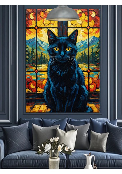 Sarı Gün Batımı Işığında Siyah Kedi Dekoratif Kanvas - Mdf Ahşap Tablo modelleri