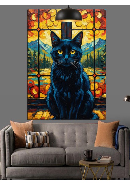 Sarı Gün Batımı Işığında Siyah Kedi Dekoratif Kanvas - Mdf Ahşap Tablo fırsatları
