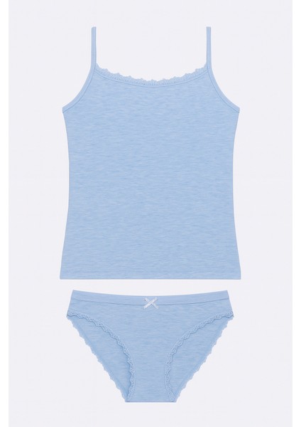 Kadın Mavi Melanj Likralı Pamuklu Ip Askılı Atlet Slip Külot Set W3İ5K1L2EKK