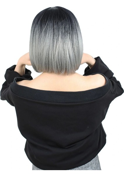Kahkülsüz Düz Kısa Fiber Sentetik Peruk - Siyah / Gri Ombreli fırsatları