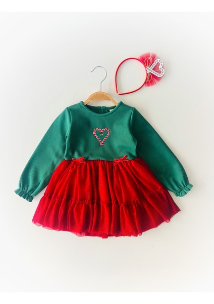 Kız Çocuk Astarlı Tül Etekli Noel Yılbaşı Temalı Elbise ve Taç Takım