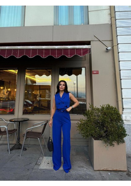 Kadın Düğmeli Yelek Pantolon Kare Yaka Takım