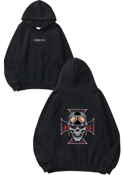 Skull Face Tasarım Baskılı Oversize Siyah Kapüşonlu Sweatshirt