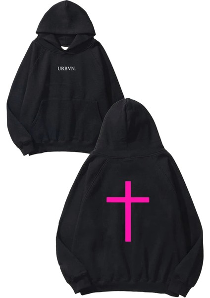 Cross Tasarım Baskılı Oversize Siyah Kapüşonlu Sweatshirt
