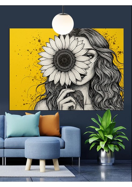 Gözü Çiçekli Kadın Portresi Dekoratif Kanvas - Mdf Ahşap Tablo