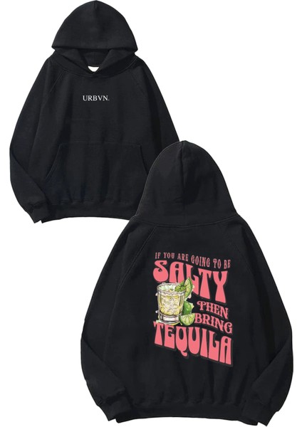 Salty Tasarım Baskılı Oversize Siyah Kapüşonlu Sweatshirt