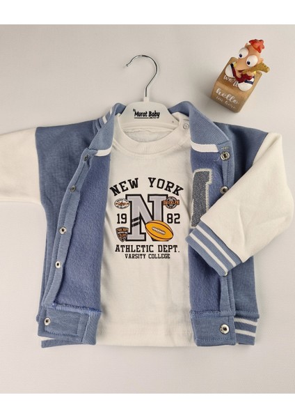 Nyc Nakışlı Unisex Kolej Çocuk Takımı 3'lü Ceket Sweat Pantolon 6-24 Ay,2-5 Yaş (Bej & Mavi) fiyatları