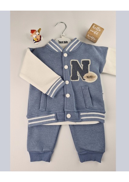 Nyc Nakışlı Unisex Kolej Çocuk Takımı 3'lü Ceket Sweat Pantolon 6-24 Ay,2-5 Yaş (Bej & Mavi)
