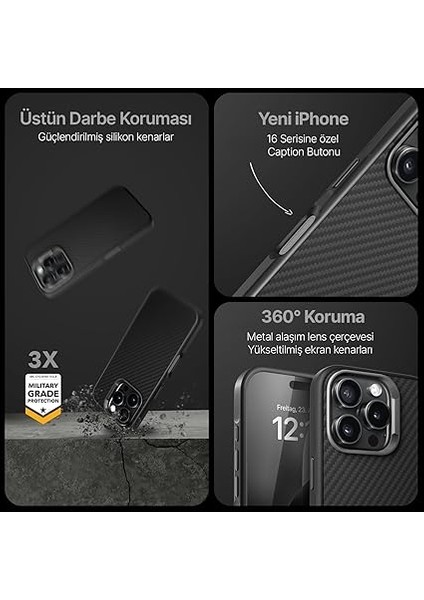 iPhone 16 Pro Için Fiber Karbon Materyal Arka Bölüm Metal Lens Çerçeveli ve Metal Tuşlu Sararmayan ve Çizilmeyen Güçlü Darbe Emici Premium Silikon Kılıf (Gri, 16 Pro) modelleri