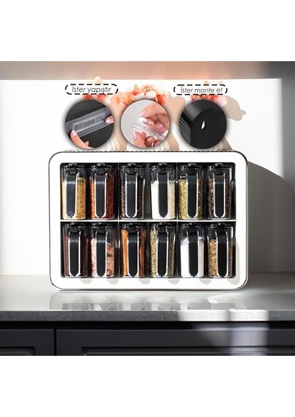 Lüks 12'li Baharatlık Takımı, Kaşıklı Kapaklı ve Kendinden Yapışkanlı (Siyah-Beyaz) modelleri