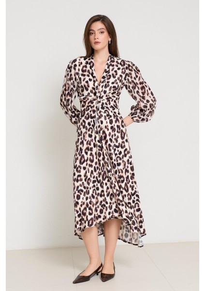 Krem - Acı Kahve Yaka Detaylı Leopar Desenli Elbise fiyatları