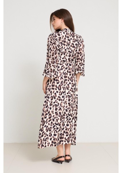 Krem - Acı Kahve Yaka Detaylı Leopar Desenli Elbise indirimleri