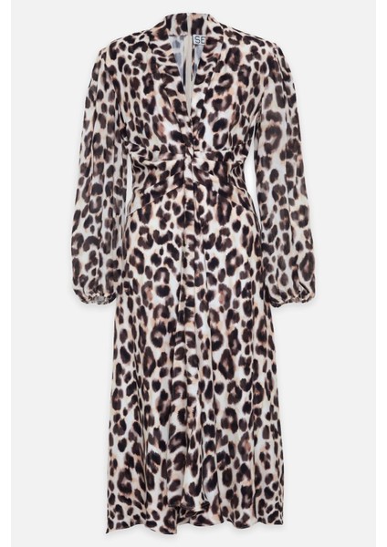 Krem - Acı Kahve Yaka Detaylı Leopar Desenli Elbise