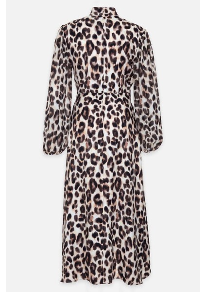 Krem - Acı Kahve Yaka Detaylı Leopar Desenli Elbise