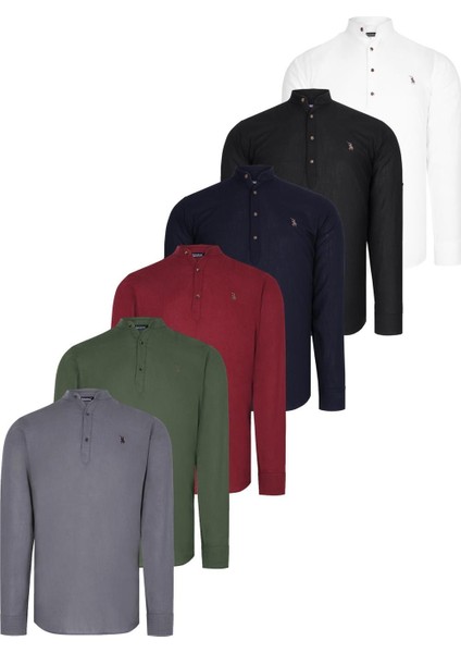 Altılı Set G783 Dewberry Hakim Yaka Gömlek-Siyah-Beyaz-Lacivert-Haki-Bordo-Antrasit
