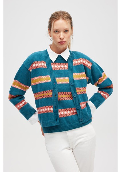 Sephora Jakarlı Kadın Triko Hırka - Ördek Yeşili Multi fırsatları