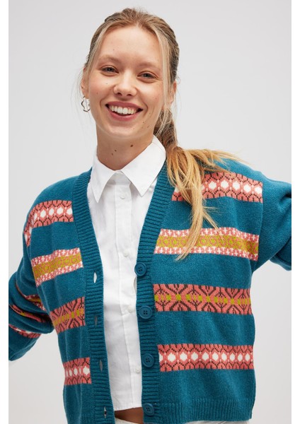 Sephora Jakarlı Kadın Triko Hırka - Ördek Yeşili Multi