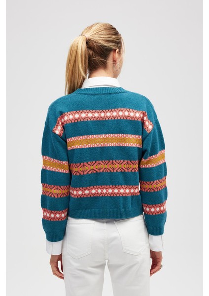 Sephora Jakarlı Kadın Triko Hırka - Ördek Yeşili Multi