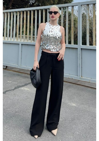 Siyah Kemerli Bol Paça Pantolon MG1992 fiyatları