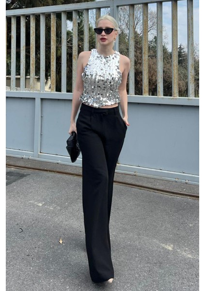 Siyah Kemerli Bol Paça Pantolon MG1992 modelleri