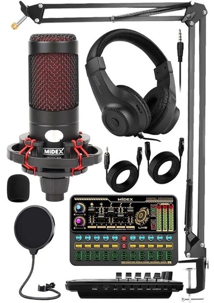 Cxn-30 Paket-11 VS11 Ses Kartlı Condenser Mikrofon Stand Kulaklık Seti