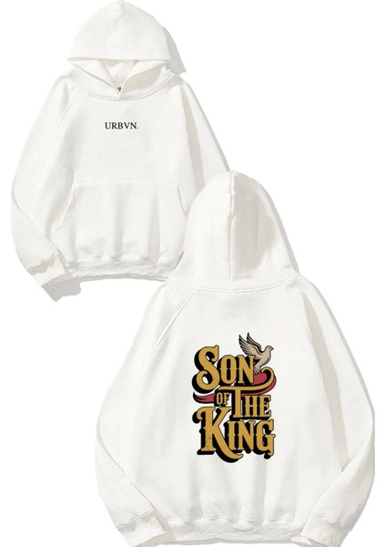 King 1 Tasarım Baskılı Oversize Beyaz Kapüşonlu Sweatshirt