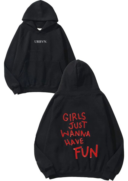 Wanna Fun Tasarım Baskılı Oversize Siyah Kapüşonlu Sweatshirt