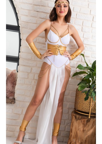Tanrıça Temalı Beyaz Altın Seksi Fantazi Iç Giyim Kostüm,zincir Detaylı, Transparan Şifon Etekli Set
