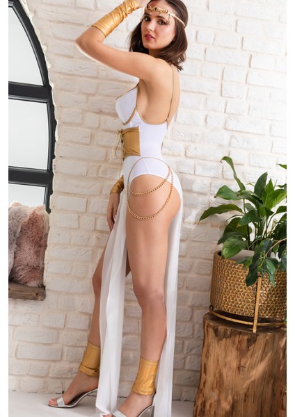 Tanrıça Temalı Beyaz Altın Seksi Fantazi Iç Giyim Kostüm,zincir Detaylı, Transparan Şifon Etekli Set fiyatları