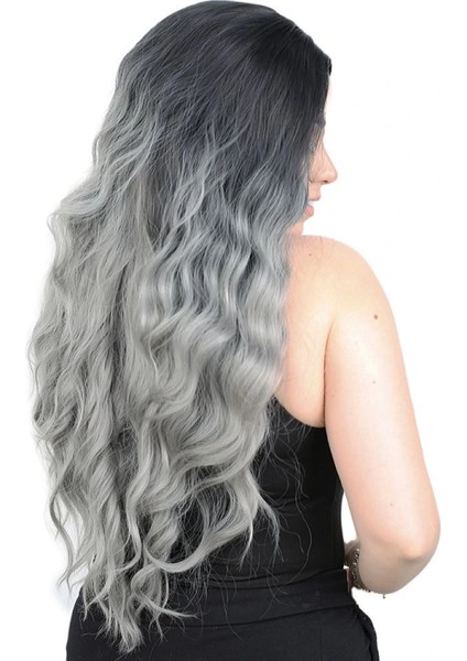 Su Dalgası Uzun Perçemsiz Fiber Sentetik Peruk - Siyah / Gri Ombreli fiyatları