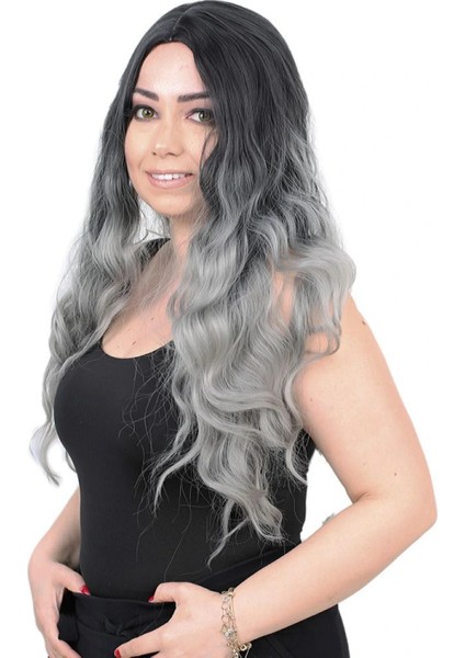 Su Dalgası Uzun Perçemsiz Fiber Sentetik Peruk - Siyah / Gri Ombreli modelleri