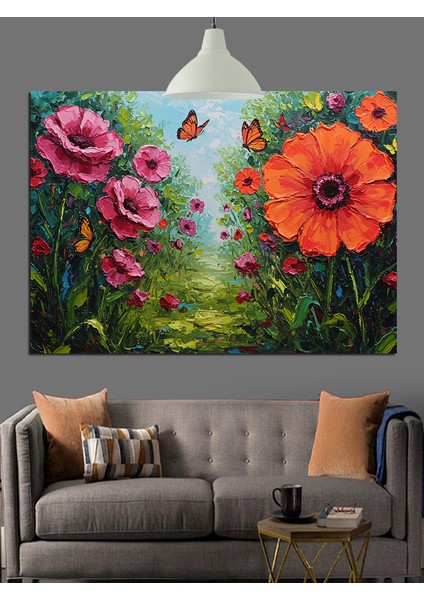 Canlı Pembe Çiçekler Kelebekler Dekoratif Kanvas - Mdf Ahşap Tablo