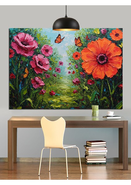 Canlı Pembe Çiçekler Kelebekler Dekoratif Kanvas - Mdf Ahşap Tablo fiyatları