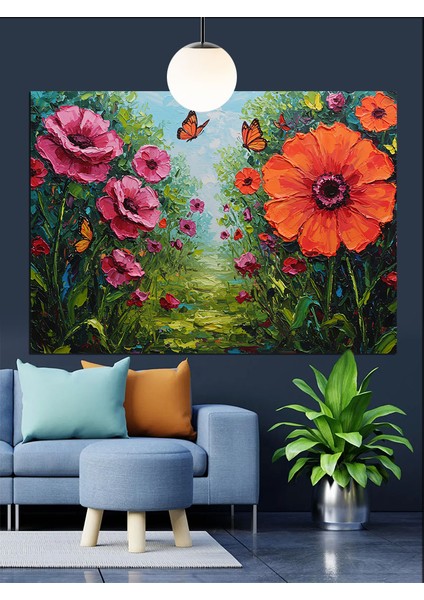 Canlı Pembe Çiçekler Kelebekler Dekoratif Kanvas - Mdf Ahşap Tablo modelleri