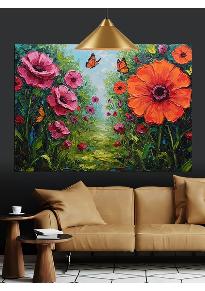Canlı Pembe Çiçekler Kelebekler Dekoratif Kanvas - Mdf Ahşap Tablo fırsatları