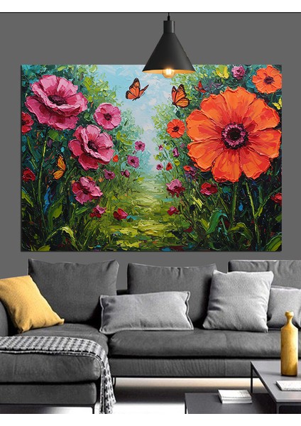 Canlı Pembe Çiçekler Kelebekler Dekoratif Kanvas - Mdf Ahşap Tablo indirimleri