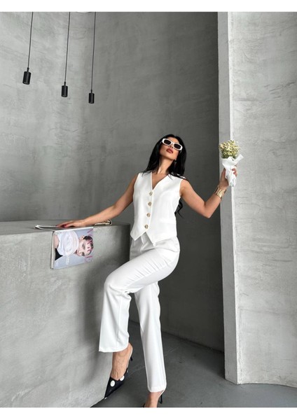 Kadın Alt Üst Takım Şık Taş Düğme Detaylı Premium Yelek Pantolon Ikili Takım Elbise fiyatları