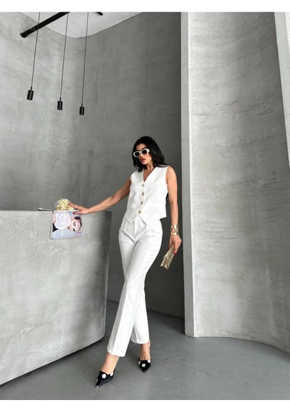 Kadın Alt Üst Takım Şık Taş Düğme Detaylı Premium Yelek Pantolon Ikili Takım Elbise fırsatları