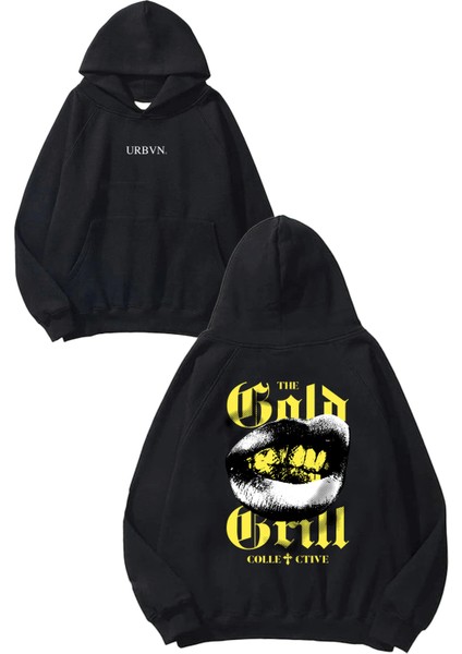 Gold Grill Tasarım Baskılı Oversize Siyah Kapüşonlu Sweatshirt