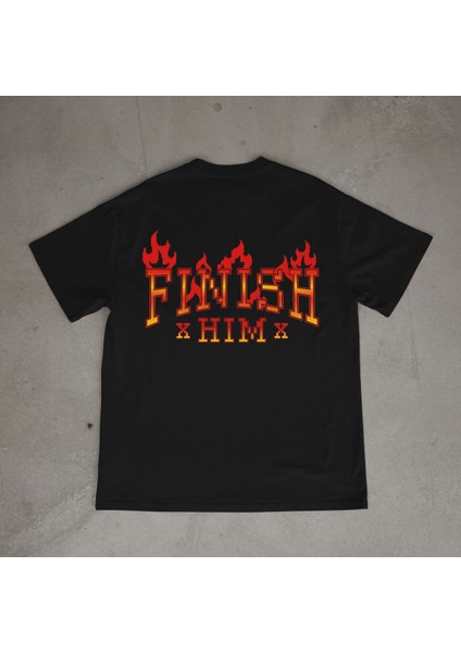 Finish Tasarım Baskılı Siyah Oversize T-Shirt