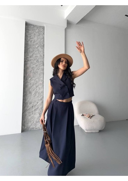 Kadın Alt Üst Takım Düğme Detaylı Premium Yelek Etek Ikili Takım Elbise