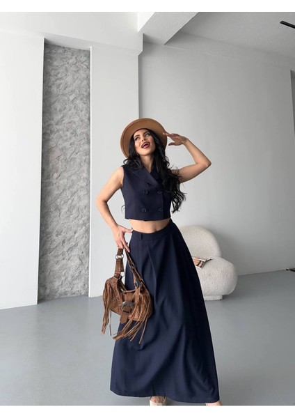 Kadın Alt Üst Takım Düğme Detaylı Premium Yelek Etek Ikili Takım Elbise fırsatları