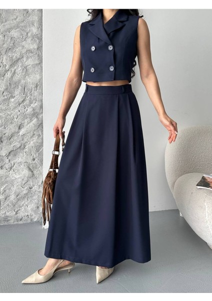 Kadın Alt Üst Takım Düğme Detaylı Premium Yelek Etek Ikili Takım Elbise